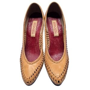 Vintage 70s Italian Bandolino Tan Woven Leather Pointed Toe Heels Women 8 Narrow